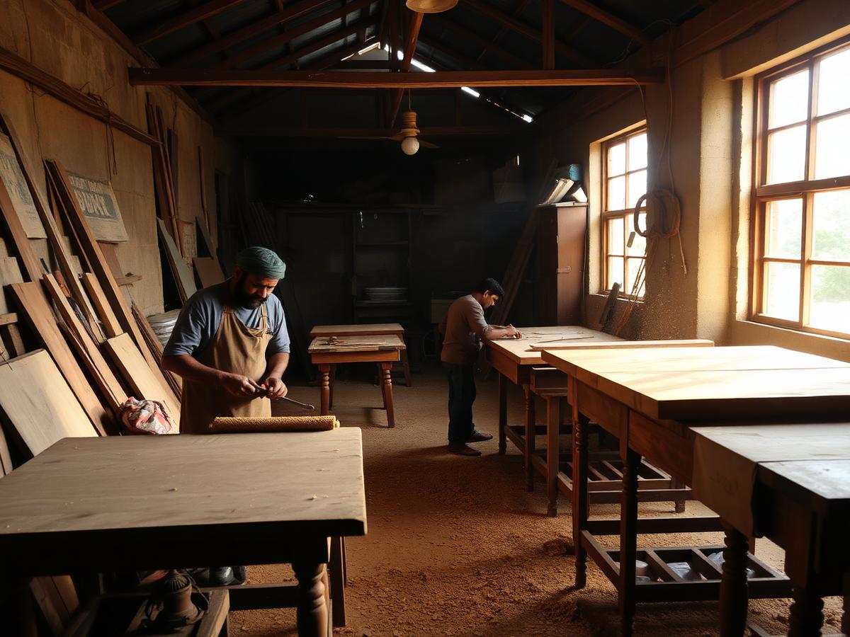 Carpenters working on furniture in the SALCORE workshop